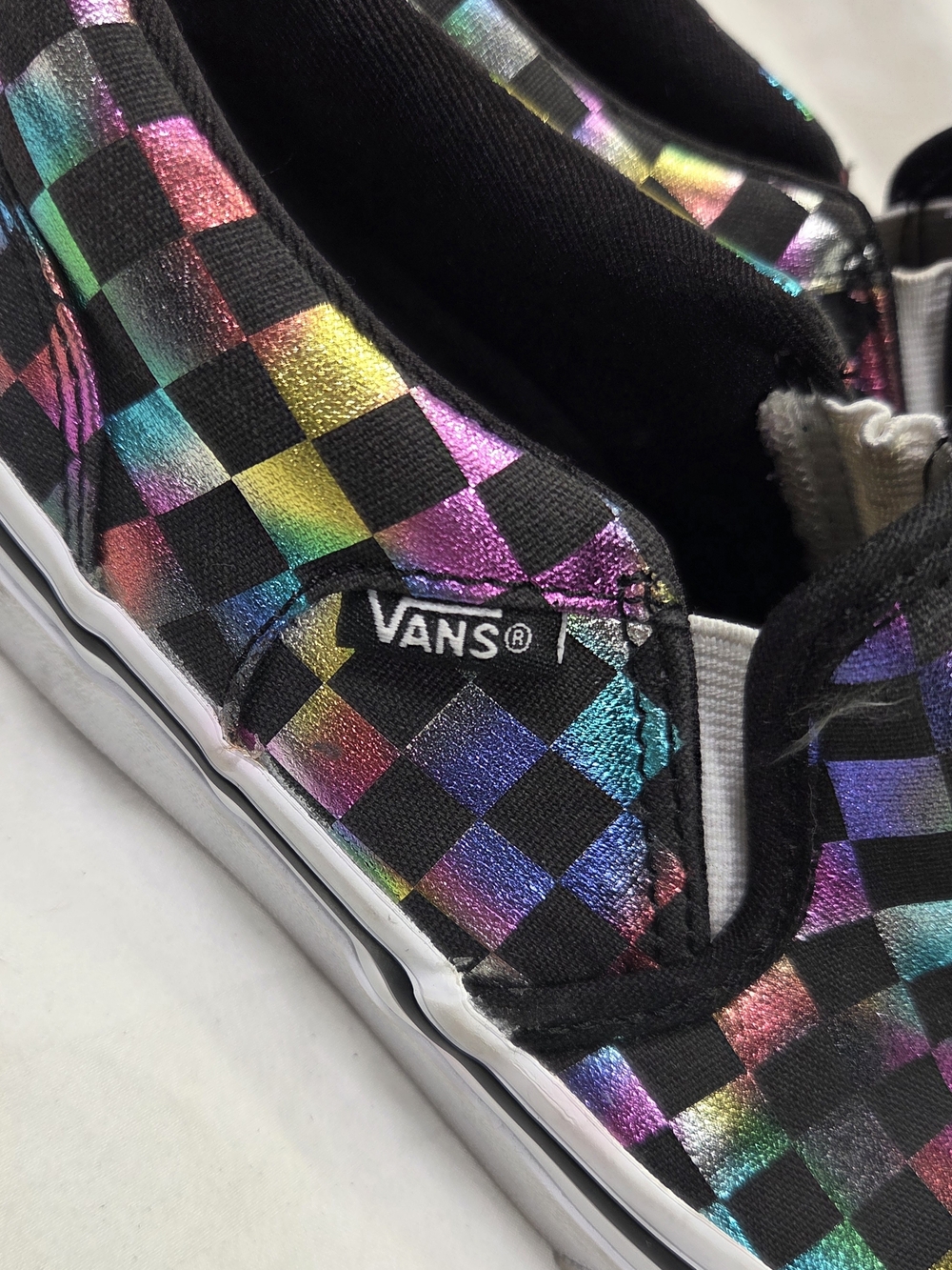 Vans Kids Slip-On Sneakers Black with Iridescent Rainbow Checkerboard Girl Sz 4 - Picture 7 of 12